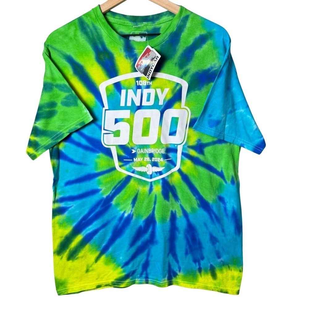 IndyCar 108th Indy500 Unisex Tie Dye Green and Blue Graphic T-Shirt 2024 size L